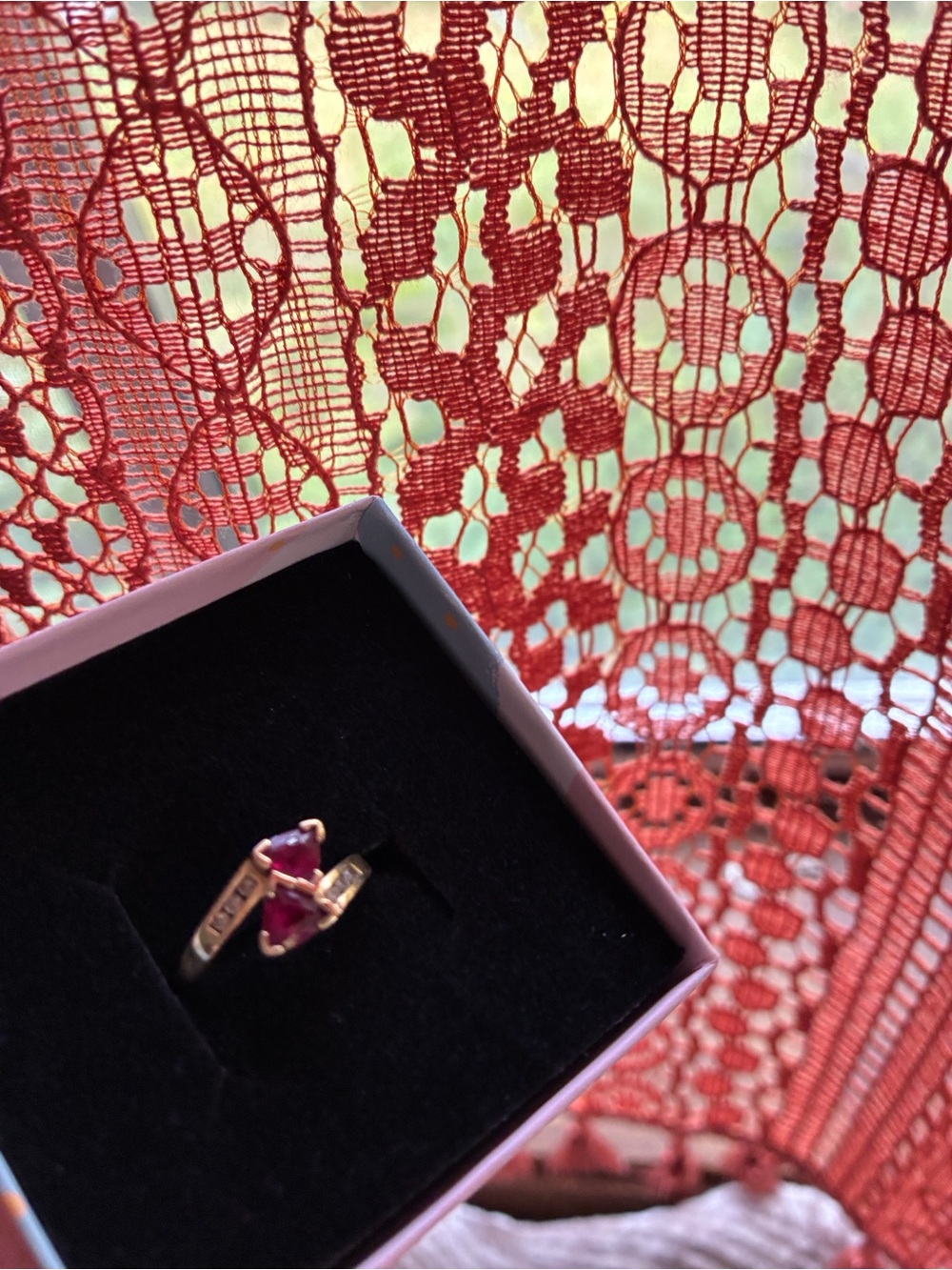 Beautiful 14k Gold Ring with Two Trillion Cut 2ct Rubies, & Six .02 ct Diamonds